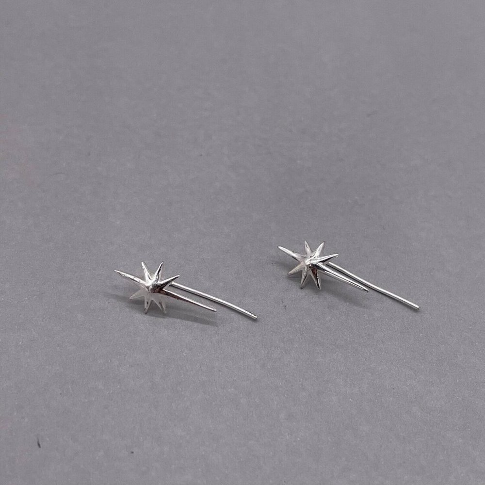 925 Sterling Silver Star Burst Climber Earrings - Picture 3 of 5